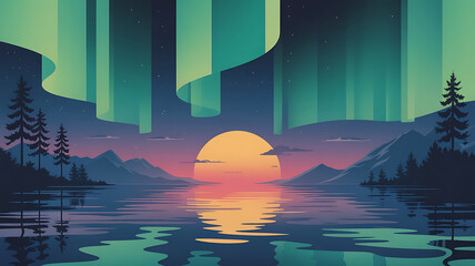 Northern lights paint a serene sunset over a lake.
