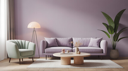 Muted mauve living room with light-toned furniture.
