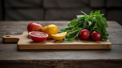 Fresh fruits and greens on a wooden board.
