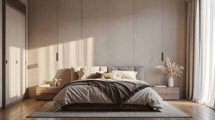 A minimalist bedroom with a large bed, warm tones, and natural light.

