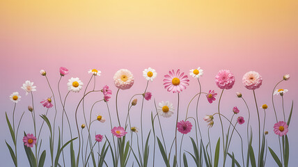 Row of delicate pink and white flowers against a pastel sunrise.
