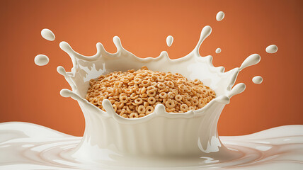 Milk splash surrounds a pile of cereal rings.
