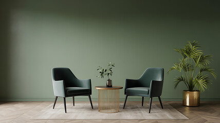 Green room with two matching armchairs and a small table.
