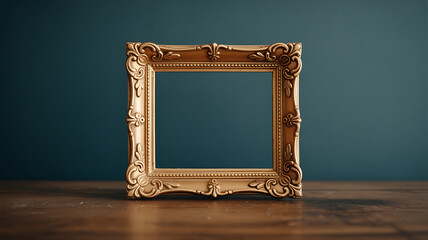Empty gold picture frame, ornate design.
