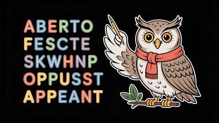 Owl with pencil, leading words in colorful grid.
