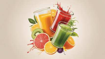 Fresh juices and fruits, a vibrant healthy mix.
