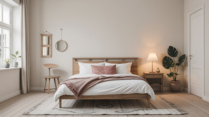 Cozy bedroom with wooden bed, soft colors, and plants.
