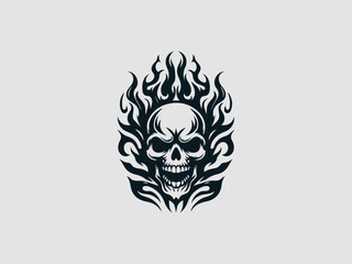 Obraz premium A fiery black and white skull with flames for hair and glowing eyes on a clean white background for halloween