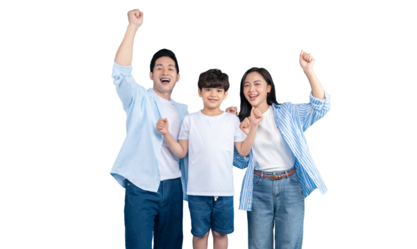 Asian family raising hands to celebrate on a bright day png background