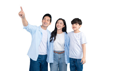 Obraz premium Asian happy family pointing at something. The family consists of a father, mother, and son. They are all smiling and appear to be enjoying themselves, wearing casual clothing on png background