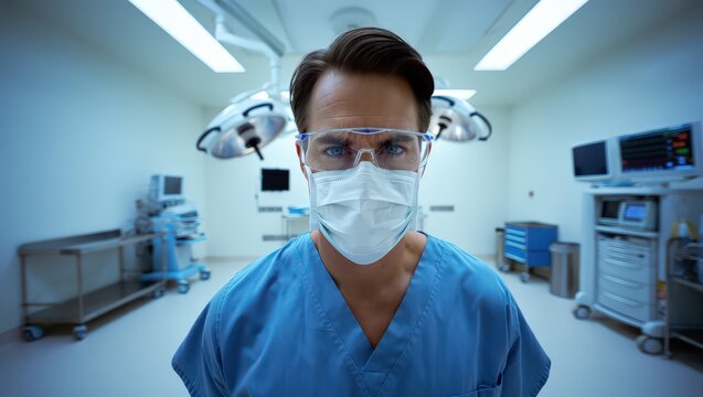 Focused Surgeon in Operating Room: A dedicated surgeon, impeccably dressed in surgical attire with protective eyewear and mask, stands confidently in a sterile operating room.