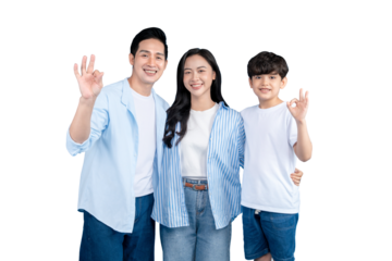 A Asian family of three smiling while gesturing the OK hand sign on png background