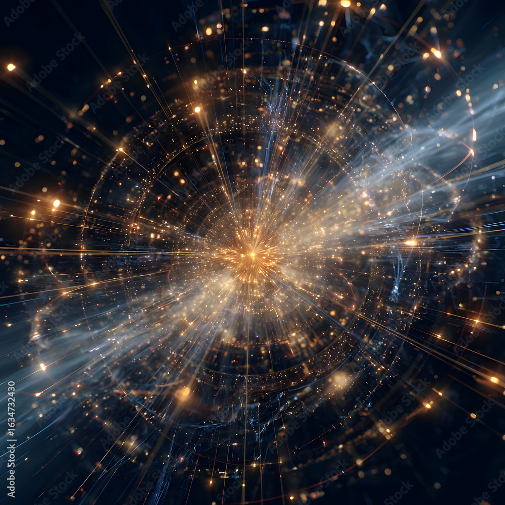 Poster golden nexus exploding with radiant light within concentric digital orbits.