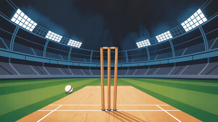 Cricket pitch in a large stadium at night.
