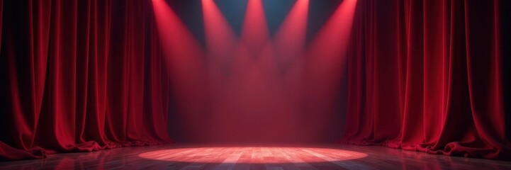 Rich red velvet drapes, sharp spotlights on dark stage, drama, scene, dark stage