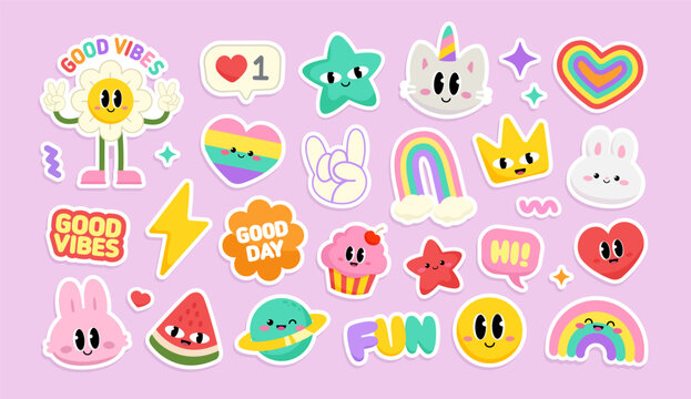 Cute Rainbow Kawaii stickers set. Adorable kawaii sticker set with rainbow unicorn, hearts, happy bunny, kitten, and good vibes quotes. Bright and fun vector stickers collection 