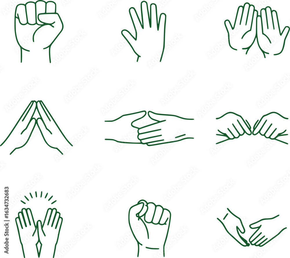 Poster an assortment of hand gestures conveying communication concepts like unity, connection, and interact