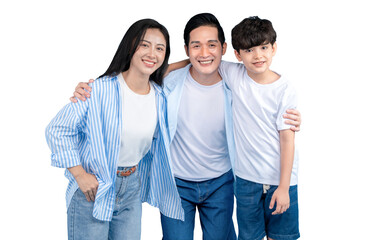 Fototapeta premium A Asian family portrait with parents and a child, posing for a picture and wearing casual outfits on png background