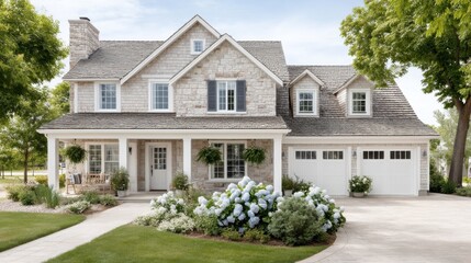 Obraz premium Charming Two-Story House with Stone Facade and Landscaped Yard