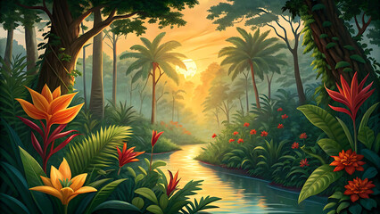 Tropical river scene with palm trees, flowers, and lush vegetation at sunset or sunrise