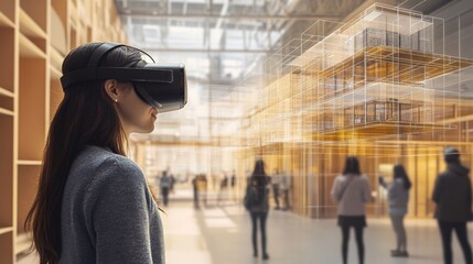 Person wearing vr headset viewing architectural model in a modern space.