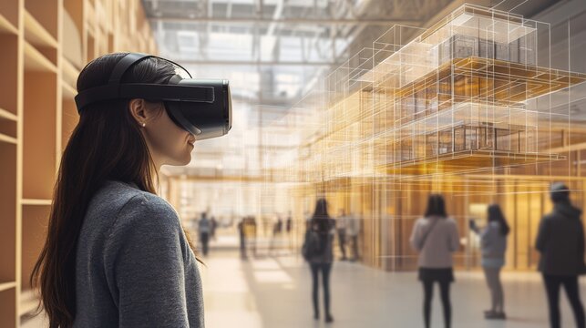 Person wearing vr headset viewing architectural model in a modern space.