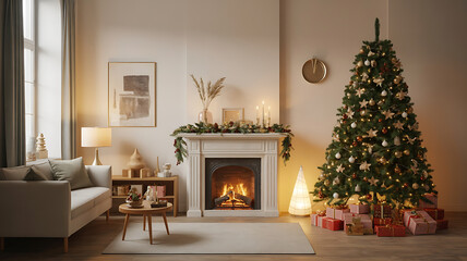 Cozy Christmas living room with fireplace and tree.
