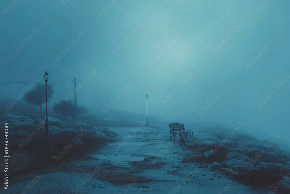 Poster fog envelopes a serene path beside a quiet bench in a tranquil landscape at dusk, creating a mysteri