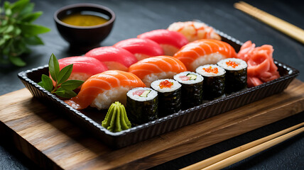 Assorted sushi platter, various rolls and nigiri.
