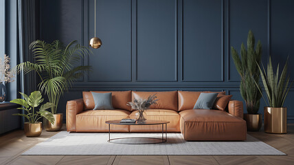Modern living room with dark blue walls and tan leather sectional.

