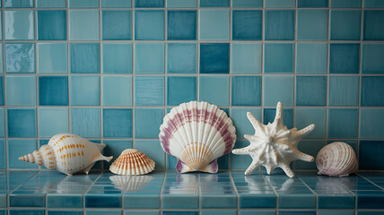Seashells arranged on teal-colored tile.
