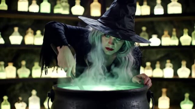 Animated witch brews a glowing green potion in a dark cauldron lair. - Powered by Adobe