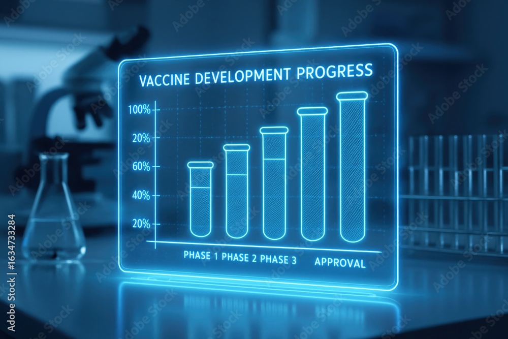 Aufkleber vaccine development progress visualization illustrating phases and approval stages in a futuristic l