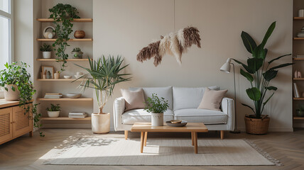 Cozy living room with plants, light furniture, and warm decor.
