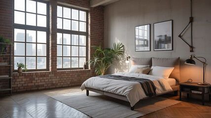 Urban loft bedroom with large windows, comfortable bed, and modern decor.
