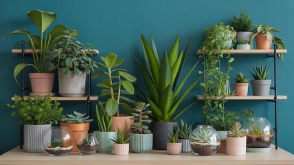 Plants in various pots displayed on tiered shelves.

