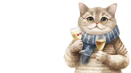 Watercolor cat in blue scarf holding champagne glass. New Year celebration concept.