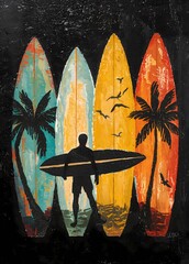 Oil painting wall art, showing four stylized surfboards with a surfer silhouette.
