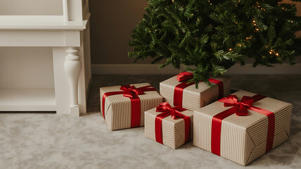 Wrapped gifts under a Christmas tree. Cozy holiday scene.
