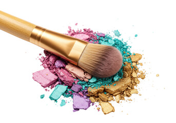 Vibrant makeup brush and colorful crushed powder cosmetics palette close-up. Cut out PNG