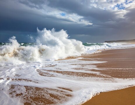 Dramatic ocean waves crash on a sandy beach under a stormy sky (1) - Powered by Adobe