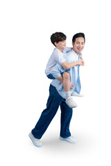 A father gives his son a piggyback ride with cheerful emotion on a png background