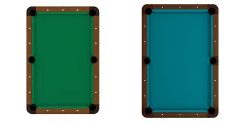 Billiard pool table isolated on transparent white background with green and blue surface for indoor pool game	