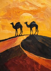 Vibrant oil painting wall art of two camels on a sand dune at sunset.