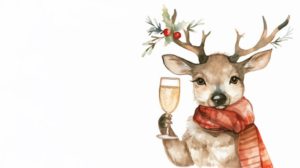 Festive watercolor reindeer with holly on antlers holding champagne. New Year celebration concept.
