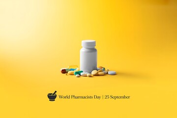 Vibrant pills and capsules surround a white medicine bottle on a sunny yellow background, celebrating World Pharmacists Day