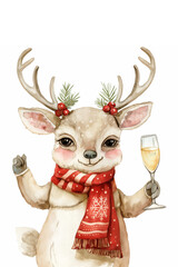 Cute reindeer in red scarf with snowflake pattern holding champagne. Christmas celebration concept.
