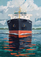Oil painting wall art, featuring a large freighter ship with a red hull.