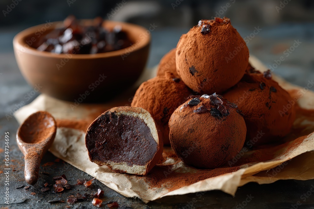 Poster delicious chocolate truffles covered in cocoa powder with hints of spices and a bowl of cocoa nibs n