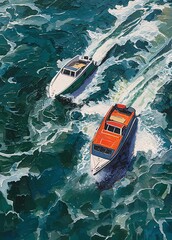 Oil painting wall art, featuring two speedboats racing on dark, choppy water.